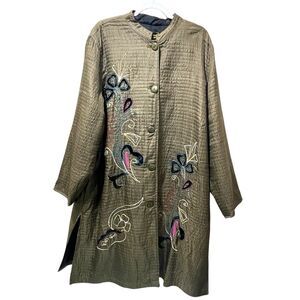 Mirasol Woman Long Coat Mixed Media Design Large Buttons Viscose, Olive Green 3X
